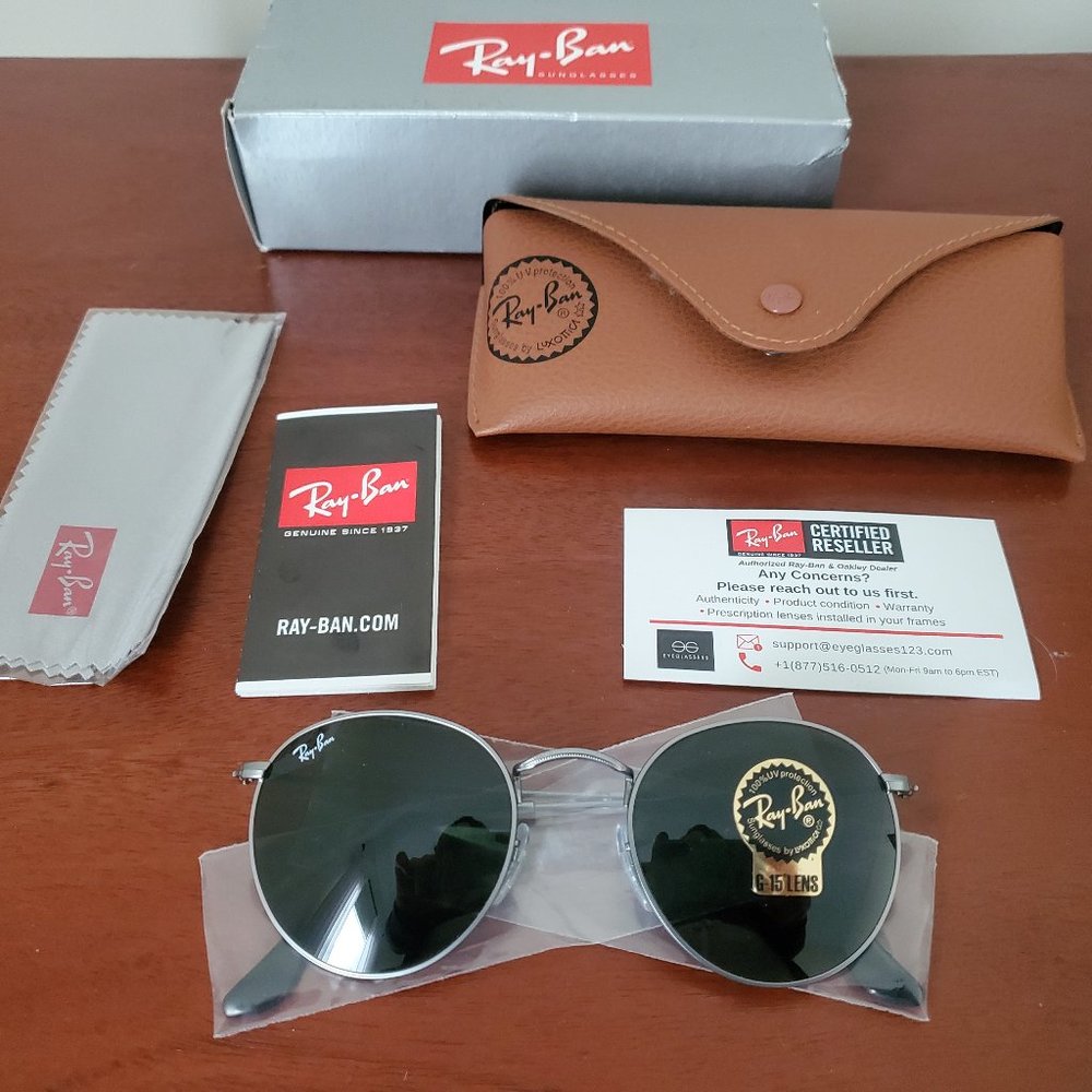 Authentic NWT Ray-Ban RB3447 Round Metal Sunglasses 50-21 Gunmetal Green G-15